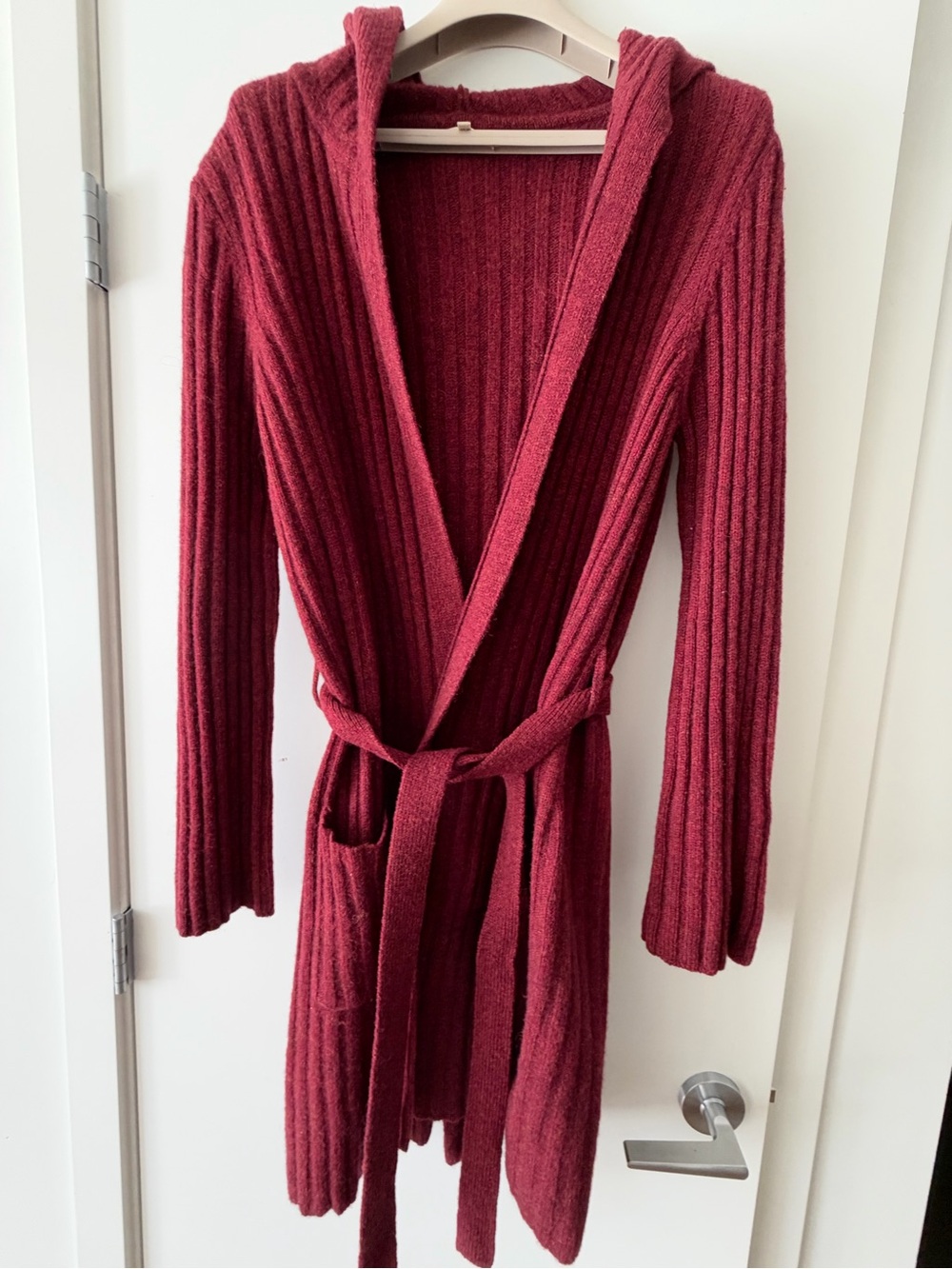 Smart Set Ribbed Hooded Open-Front Cardigan - Wine - Picture 2 of 9
